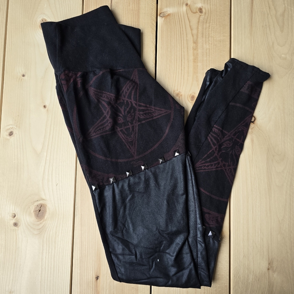 Pentagram Satanic Devil Goth Faux Leather Studded Black Red Leggings Womens XS-S